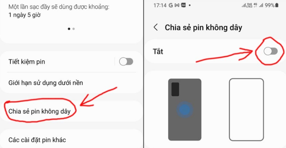 Thao tác chia sẻ pin trên điện thoại Samsung Galaxy