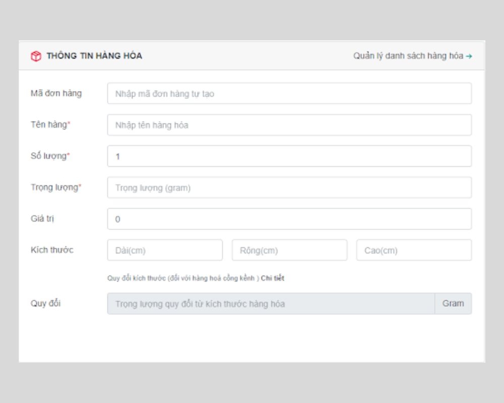 Điền đầy đủ các thông tin cần thiết để tạo vận đơn trên Viettel Post