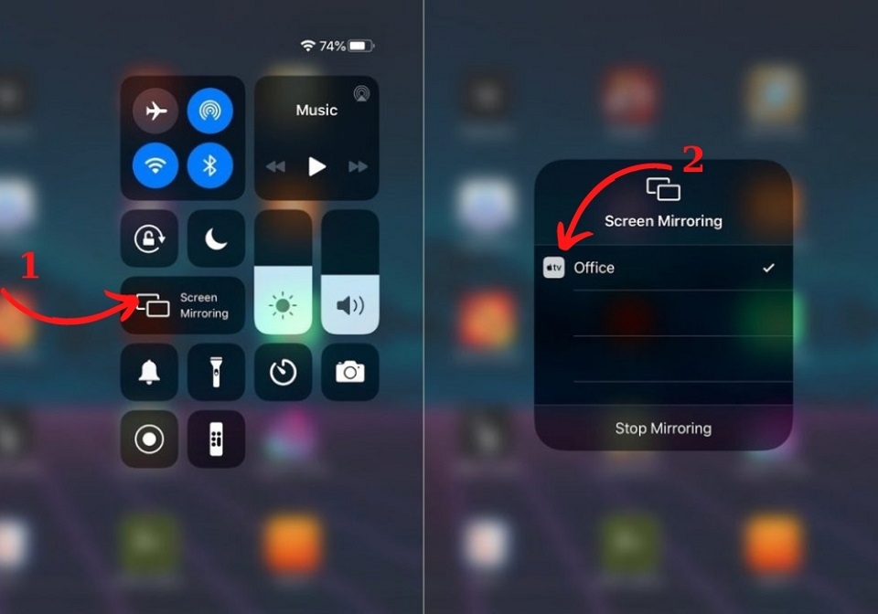 Ấn chọn vào “Screen Mirroring” và bắt đầu trình chiếu iPad lên màn hình chiếu