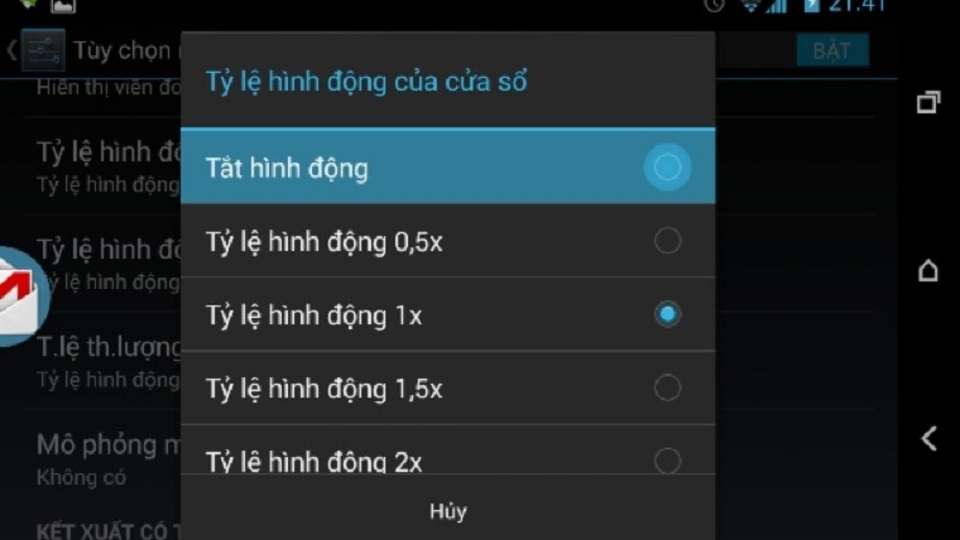 Thao tác tắt hình động để tăng tốc độ máy tính bảng