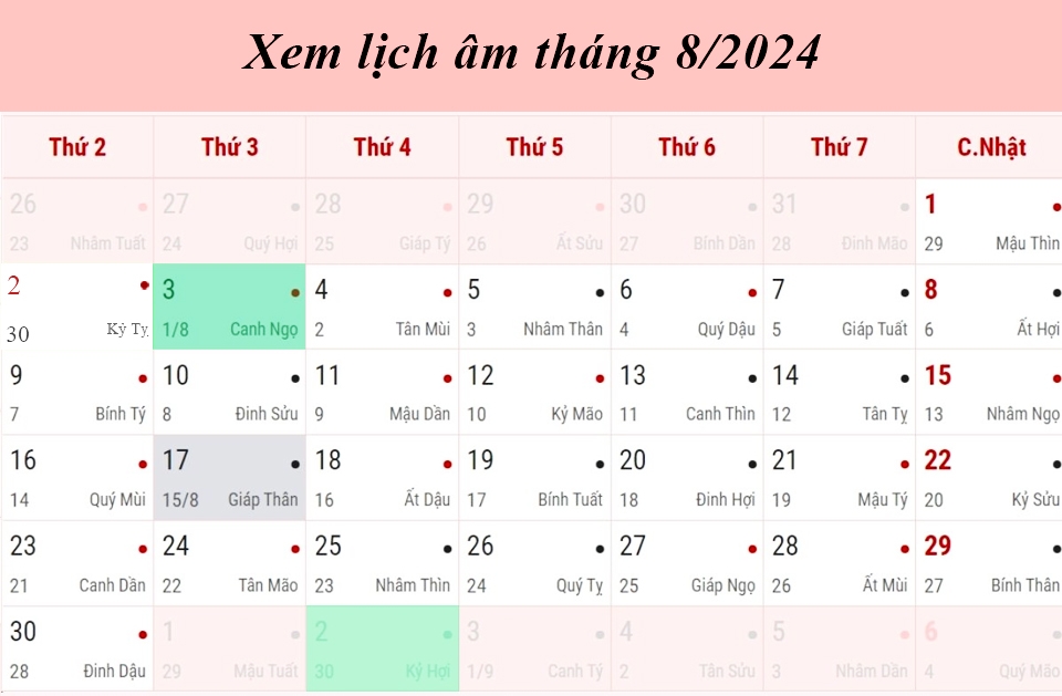 Bảng lịch âm tháng 8 năm 2024.