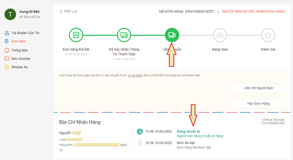 Sử dụng website Shopee để theo dõi lịch trình của đơn hàng