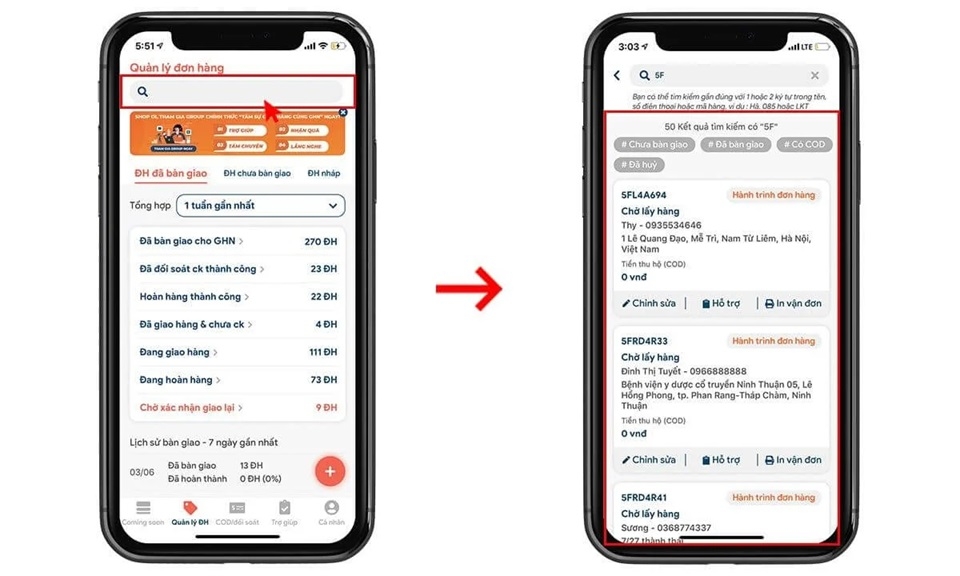 Sử dụng mã vận đơn để kiểm tra tình trạng đơn hàng trên app của GHN
