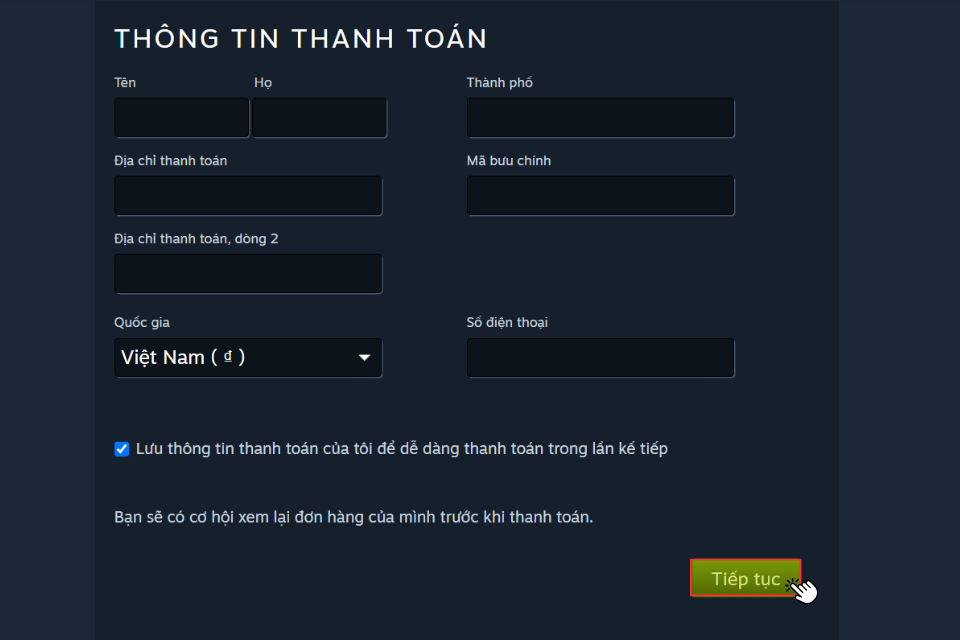 Điền thông tin thanh toán