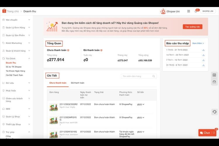 Xem các loại phí Shopee với nhiều đơn hàng