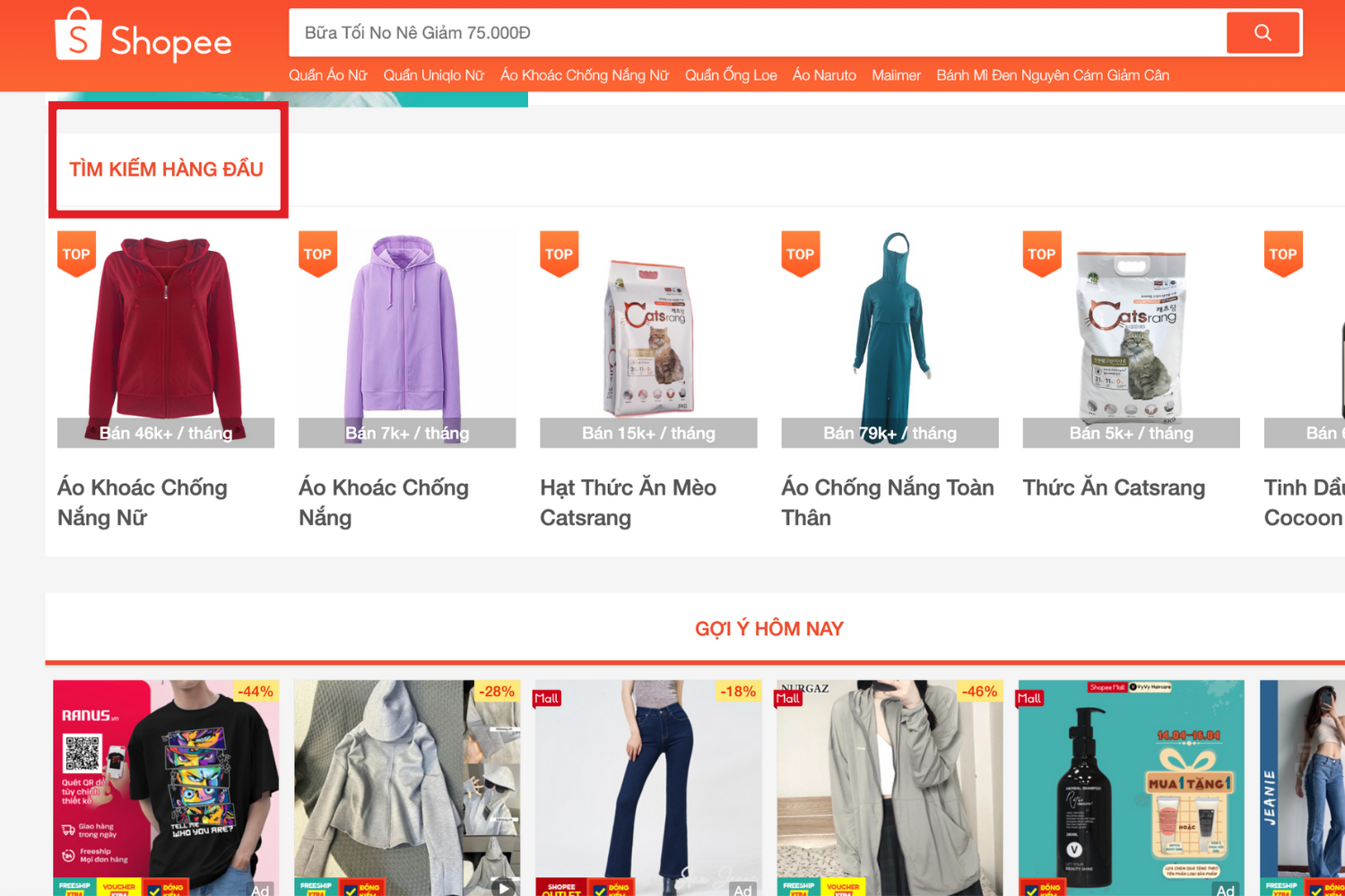 Tìm sản phẩm bán chạy trên Shopee thông qua Top tìm kiếm hàng đầu