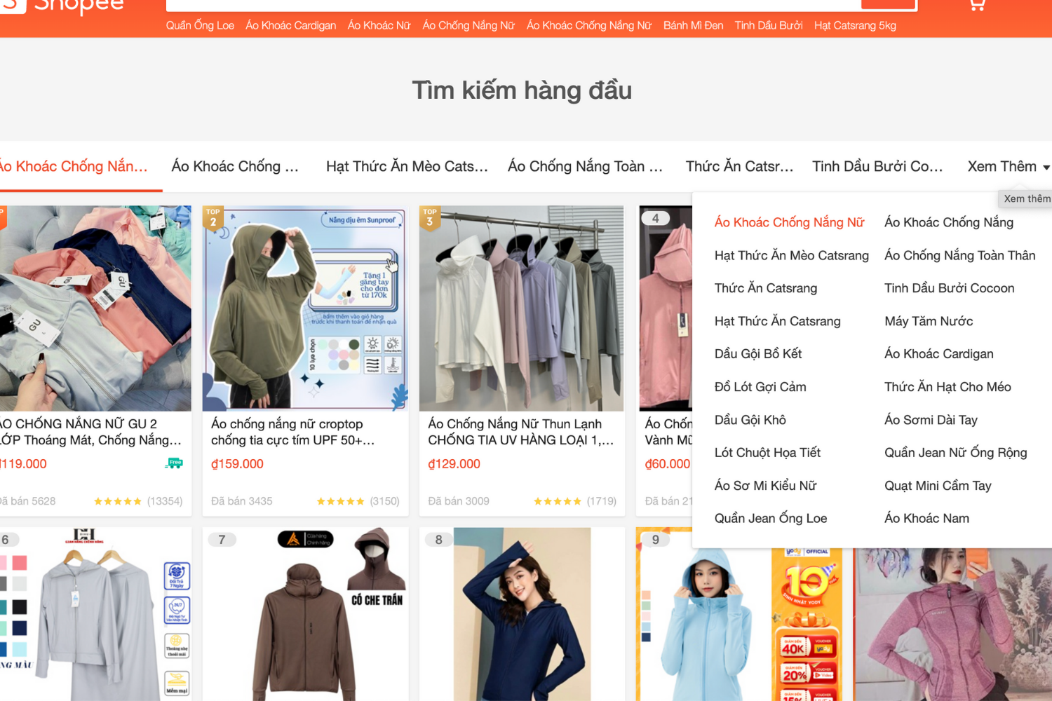 Top sản phẩm bán chạy được thống kê bởi Shopee