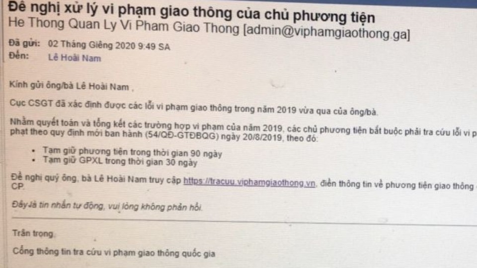 Thông báo vi phạm pháp luật và cần nộp phạt