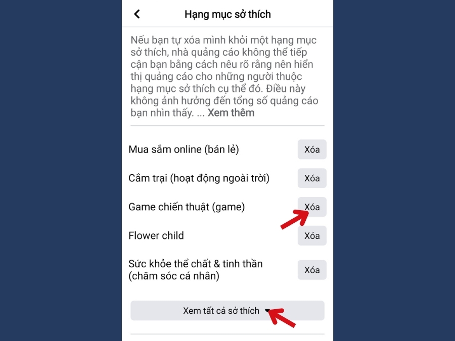 Cách 2: Xóa bớt mục “sở thích” (hình 3)