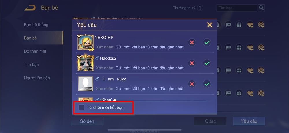 Cách chặn người khác gửi lời mời kết bạn trong Liên Quân 3