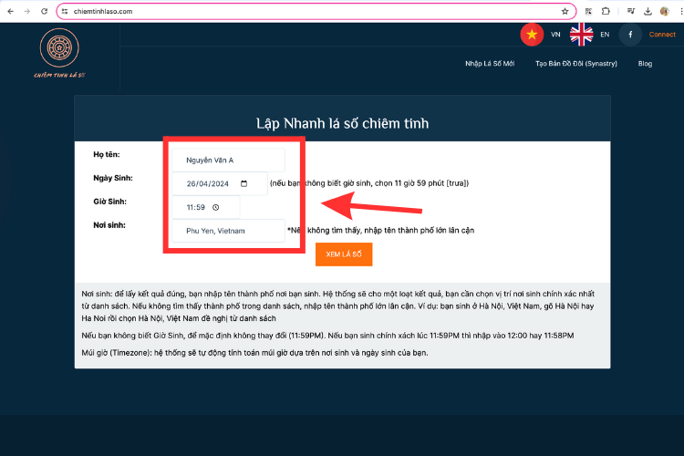 Nhập họ tên và ngày tháng năm sinh