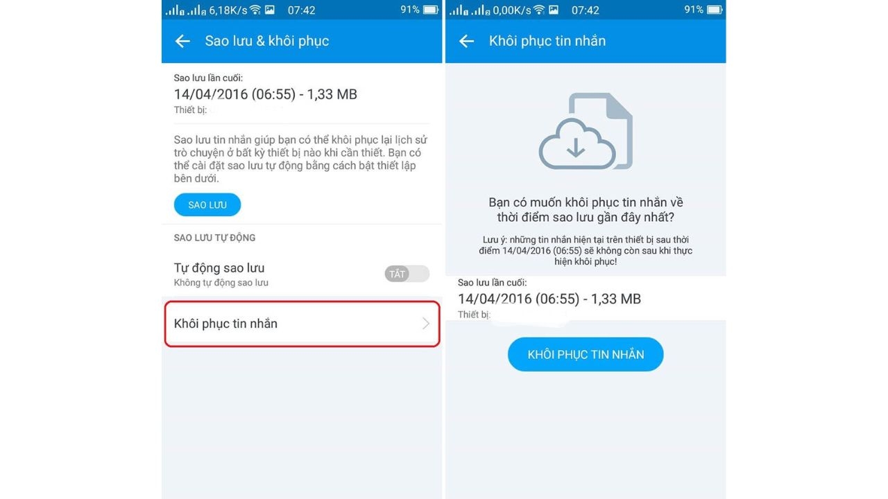 cách khôi phục tin nhắn zalo trên điện thoại samsung đã bật sao lưu