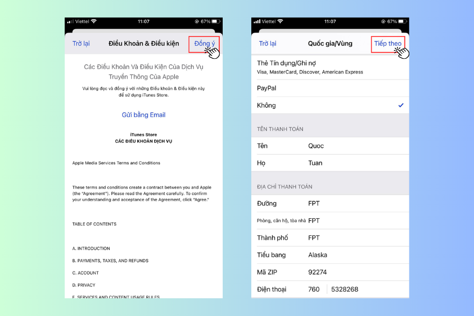 Nhấn Đồng Ý ở mục Điều Khoản & Điều kiện