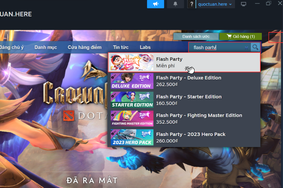 nhập từ khóa “Flash Party” và nhấp vào trò chơi trên bảng đề xuất