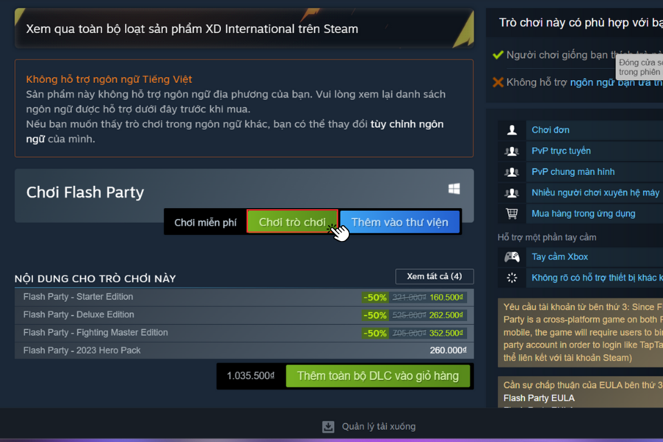 Nhấp vào ô Chơi trò chơi để tải xuống và cài đặt Flash Party trên thiết bị
