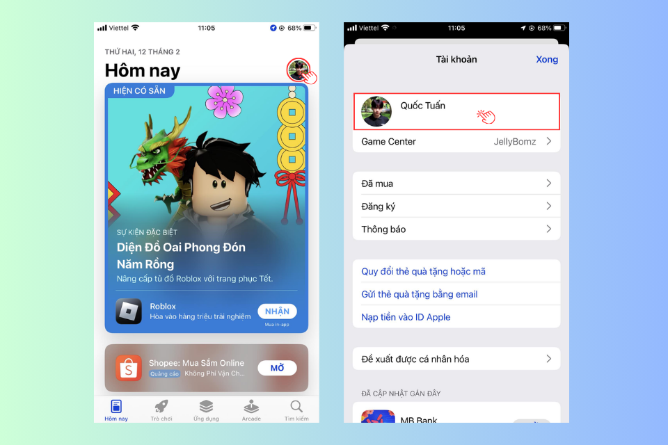 Nhấn vào biểu tượng trang cá nhân trên góc phải màn hình