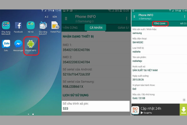 Kiểm tra số lần sạc Samsung qua ứng dụng Phone INFO