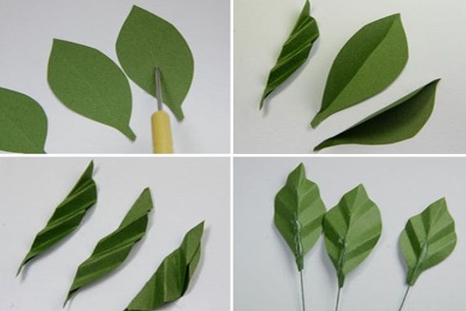 Làm lá cho cành hoa làm bằng giấy.
