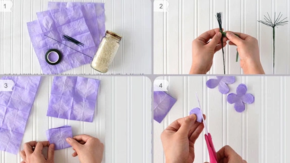 Cắt nguyên liệu và làm cánh hoa cẩm tú cầu bằng giấy.