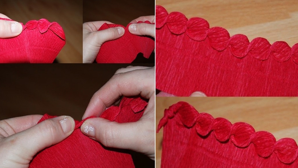 Cắt giấy nhún và gấp mép cánh hoa hồng.