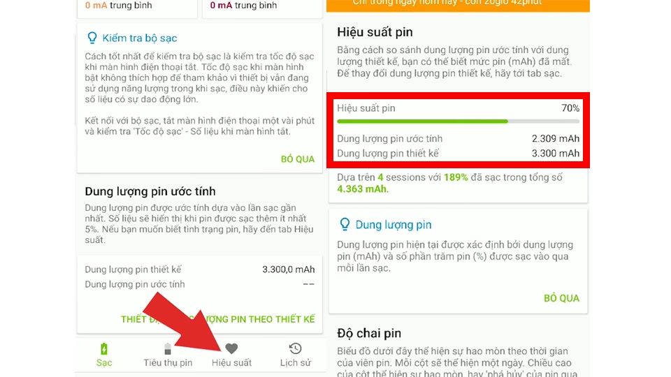 Mức hiệu suất sẽ cho thấy độ chai pin của máy