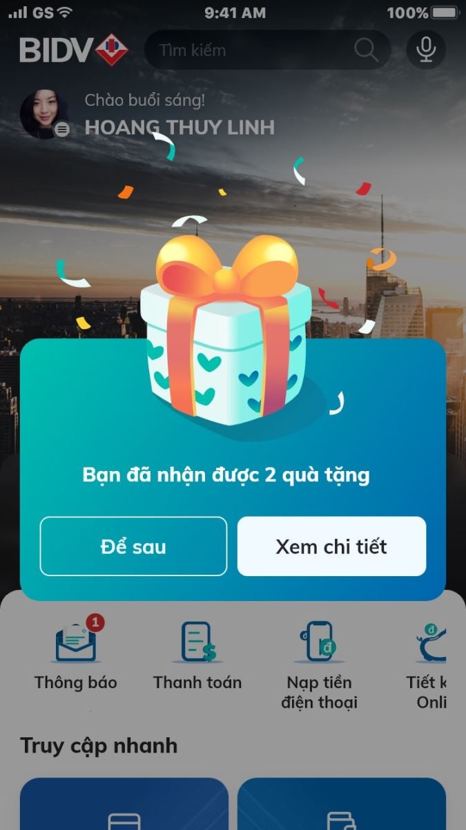 chuyển đổi smartbanking bidv sang thiết bị khác, tính năng tặng quà