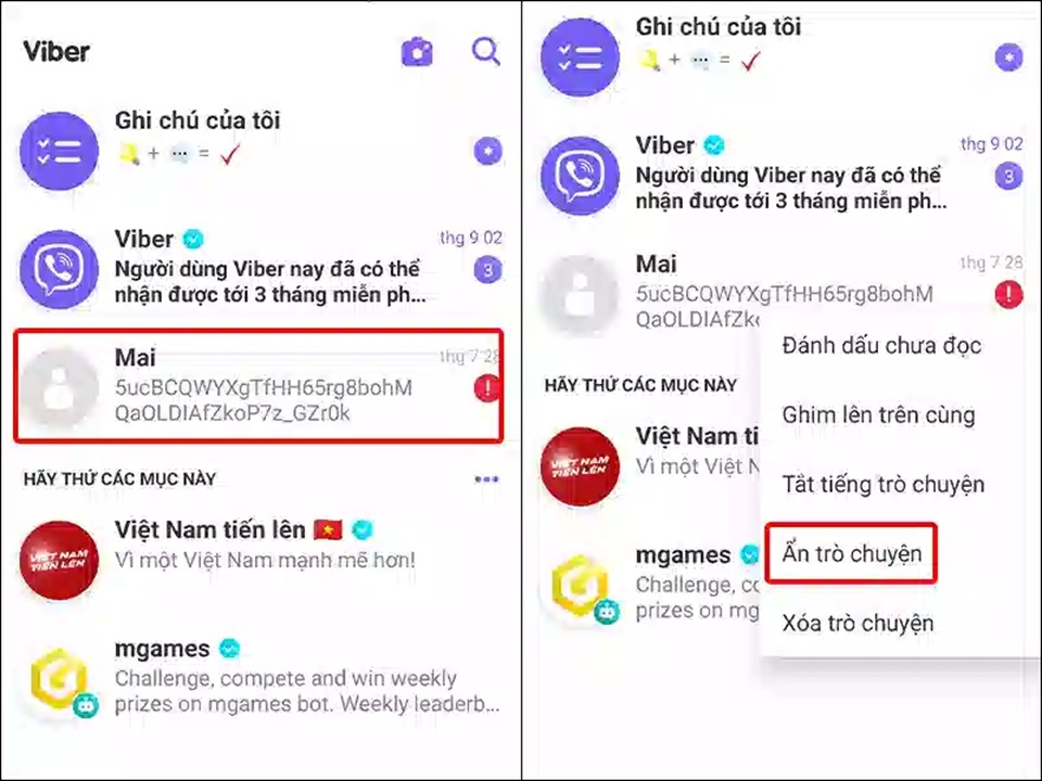 Thao tác ẩn cuộc trò chuyện trên Viber