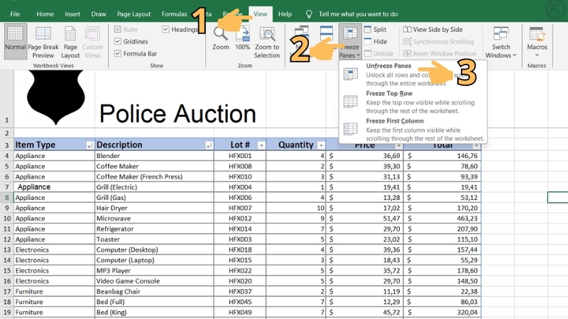 Bỏ ghim cố định dòng/cột trong Excel