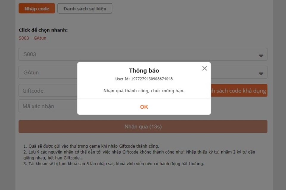 Nhận mã code thành công được thông báo