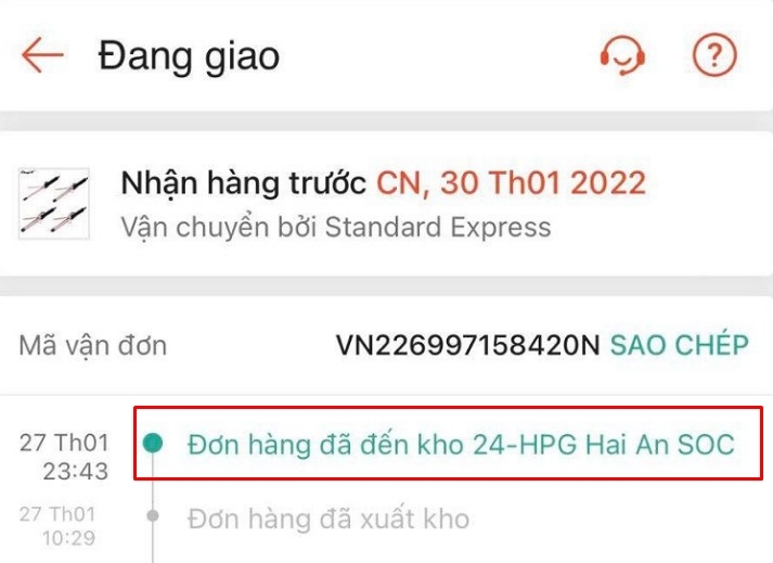 Nội dung hiển thị thể hiện đơn hàng đã nhập Kho 24 HPG Hai An SOC
