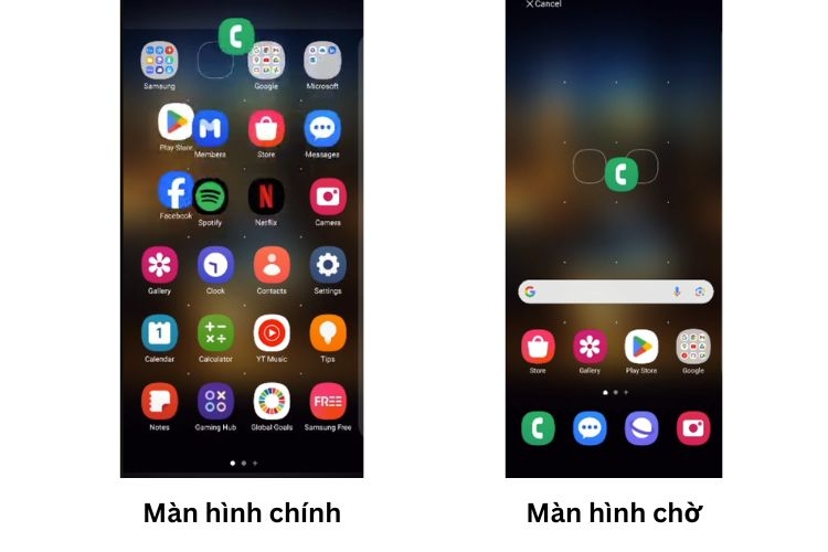 kéo thả ứng dụng vào màn hình chờ
