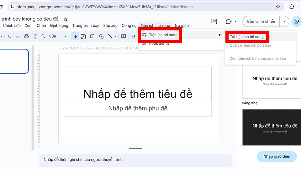 Mở phần tiện ích bổ sung tại Google Slides
