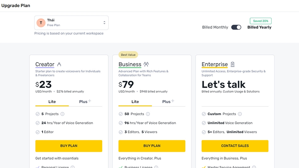 Để sử dụng được tất cả tính năng của Murf AI người dùng cần nâng cấp tài khoản