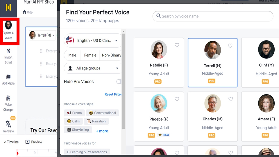 Chọn lựa ngôn ngữ quốc gia, giới tính cho giọng đọc