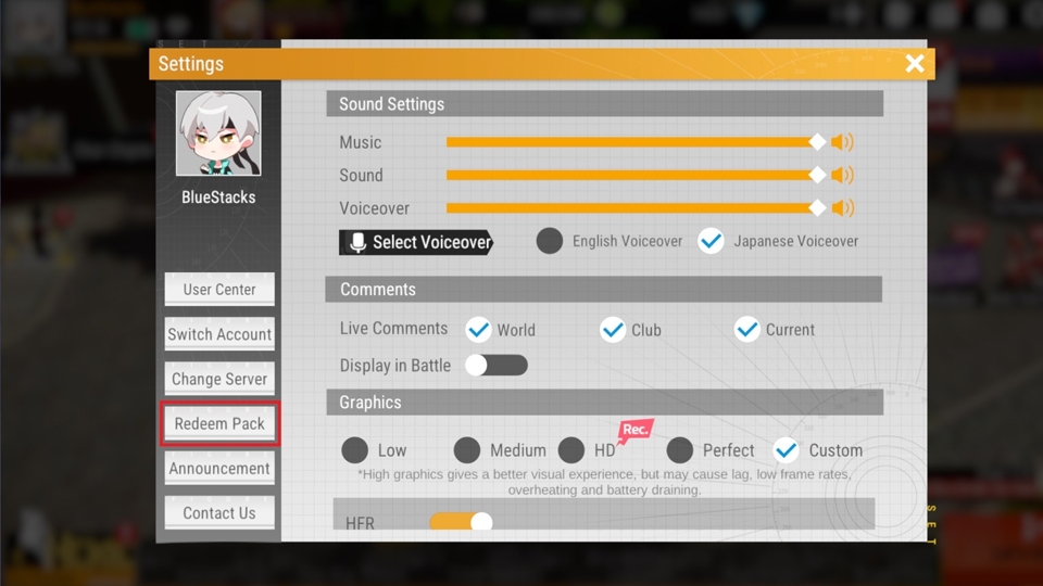 Tại giao diện Cài đặt, bạn nhấn chọn tiếp Redeem Pack.