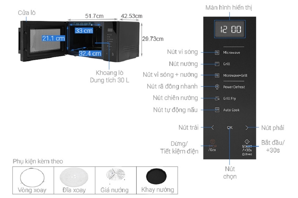 Lò vi sóng có nướng 30L Samsung MG30T5018CK/SV