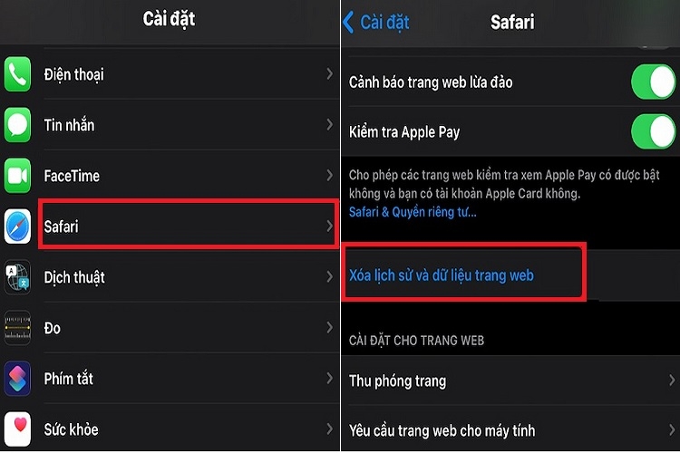 Xoá lịch sử và dữ liệu cache của Safari