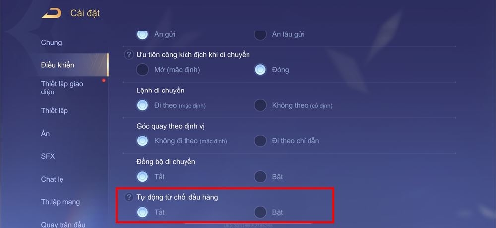 Cách tắt tự động từ chối đầu hàng trong Liên Quân 2