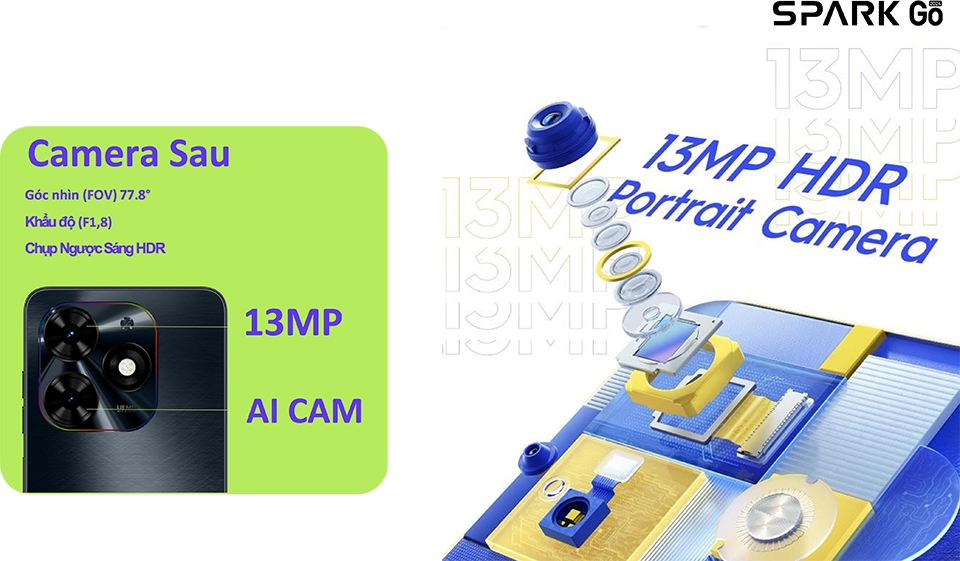 Máy được trang bị cụm camera kép phía sau với camera chính độ phân giải 13MP, hỗ trợ HDR