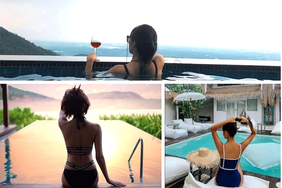 Chụp từ sau lưng và bắt trọn không gian bao quanh bể bơi cũng là ý tưởng chụp ảnh đẹp được yêu thích.