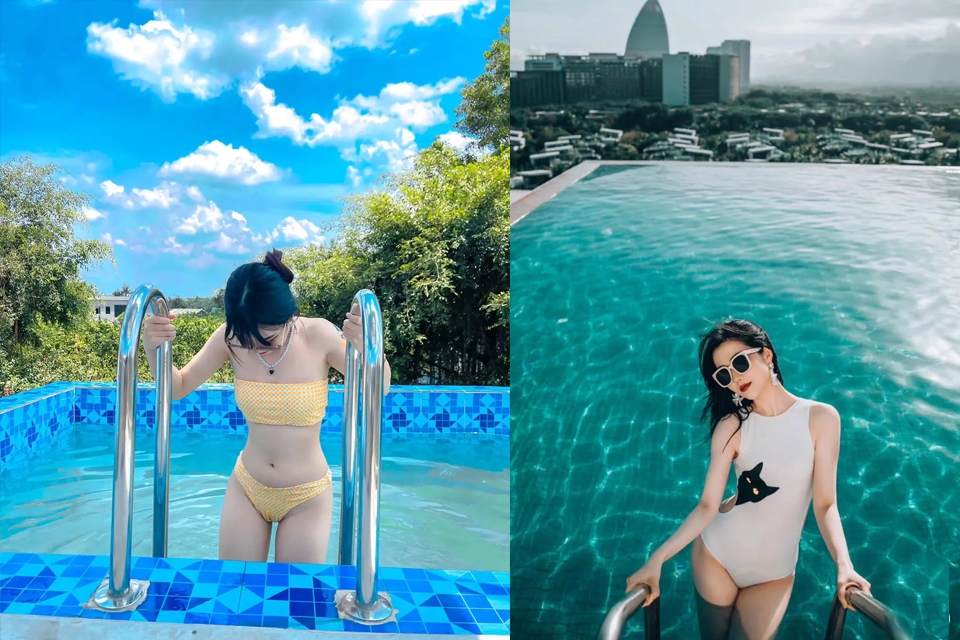 Tạo dáng chụp ảnh bước lên từ bể bơi.