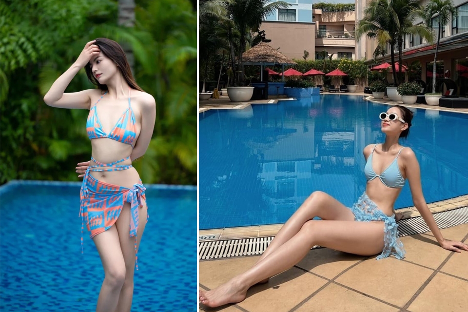 Diện bikini sexy, nóng bỏng tạo dáng chụp ảnh ở bể bơi.