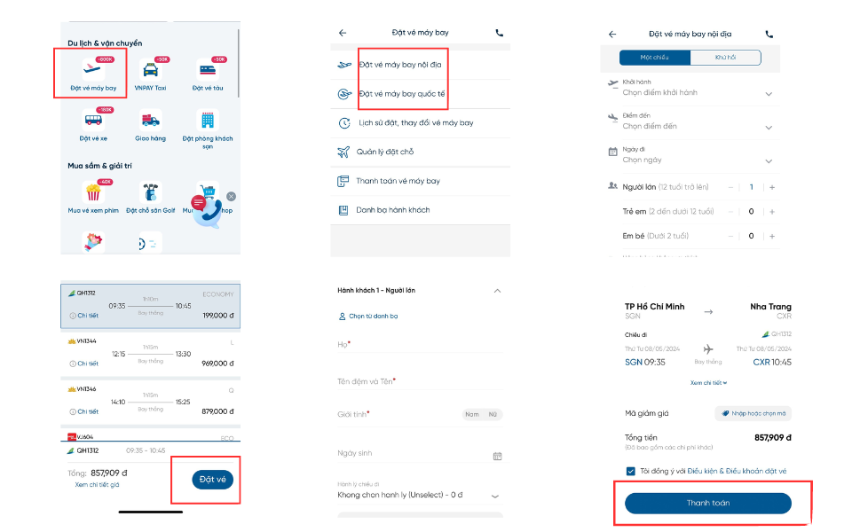 Ví dụ các bước đặt vé máy bay trên app của VietinBank