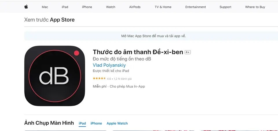 Giao diện tải phần mềm Đề-xi-ben trên iOS