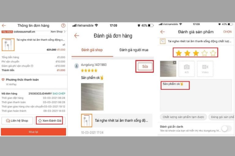 Cách chỉnh sửa đánh giá Shopee