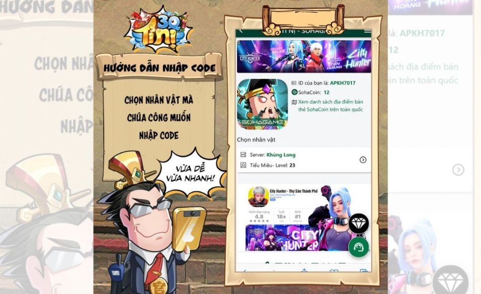 chọn server và nhân vật nhập code