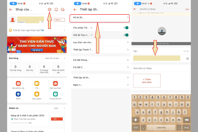 Đổi tên shop trên Shopee App