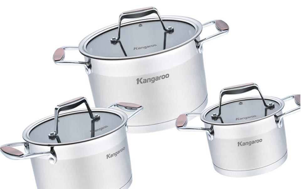 Bộ 3 nồi inox 5 đáy nắp kính đáy từ Kangaroo KG3CS2