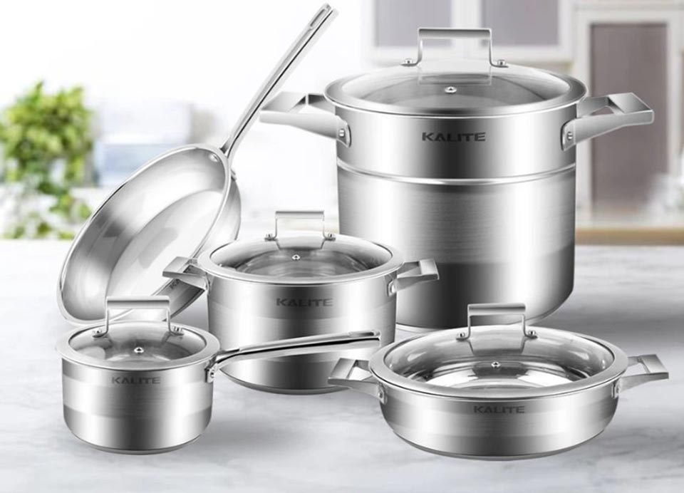 Bộ 3 nồi 2 chảo inox 5 đáy nắp kính đáy từ Kalite KL-339