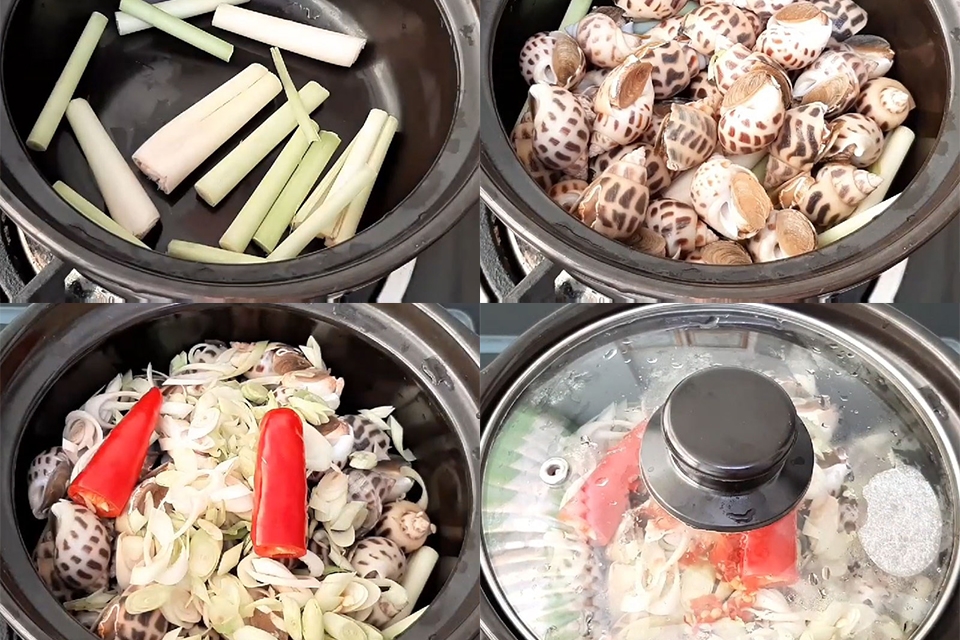 Bước 2: Hấp ốc hương với sả